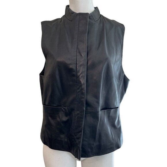 Women's Large Black Vest Button Mock Neck Soft Leather Moto Classic - Picture 1 of 5